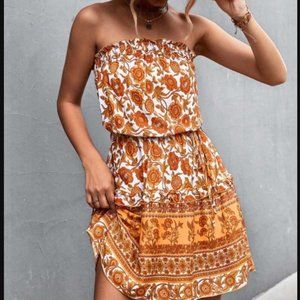 Rust & Orange Patchwork Floral Strapless Dress